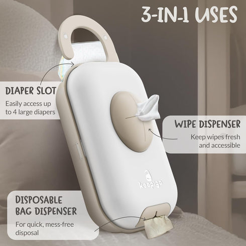 keepigo 3-in-1 Diaper Bag Wipe Dispenser | Portable Diaper Caddy Organizer, Baby Wipe Holder with Disposable Bags |