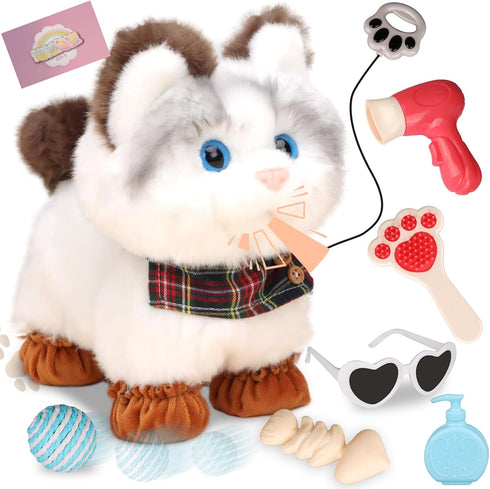 Jimate Interactive Walking Cat Plush Toy with Leash Electronic Kitty Pet That