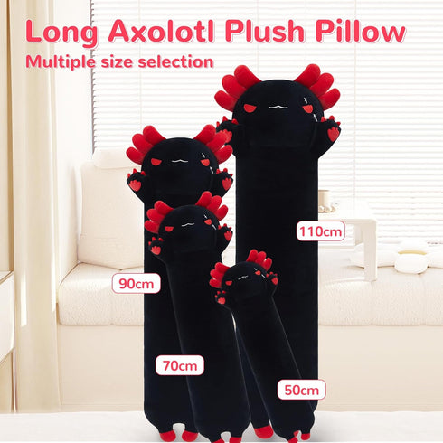 Long Axolotl Stuffed Animal, Soft Plush Body Pillow, Cute Gifts for Kids, Girlfriend (Black & Red, 110cm)