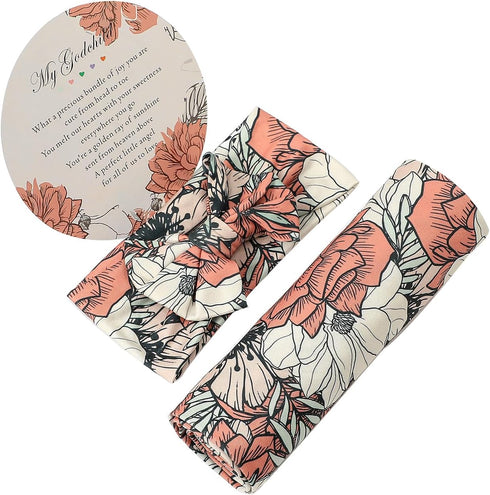 Galabloomer Newborn Receiving Blanket Headband Set, Baby Flower Swaddle (Cocal Almond)