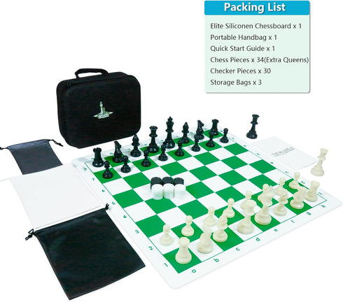 Set 20'' Board-3.75'' 2 1 Travel Chess Silicone Chess King Height Plastic Piece, Extra Queens & Storage Bag