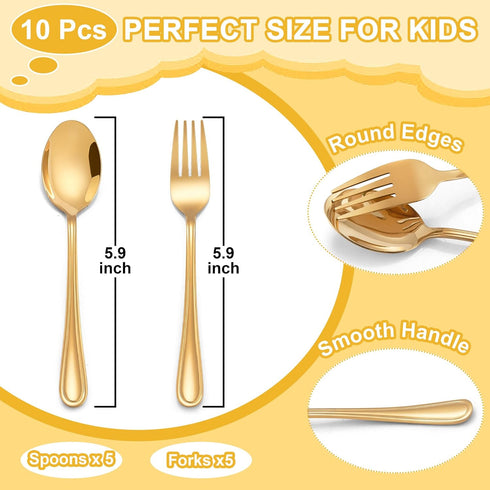 E-far 10-Piece Gold Toddler Utensils, Kid Stainless Steel Silverware Set, Children Safe Forks and Spoons Set for Self Feeding, Healthy & Non-Toxic, Mirror Polished & Easy to Clean by E-far