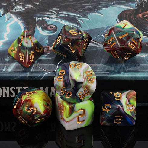 QMAY DND Polyhedral Dice Set - Blue Mix Blood Red (7 Pcs) for Dungeon and Dragons RPG Role Playing Games
