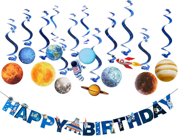 SUNBEAUTY Solar System Hanging Decoration, Happy Birthday Banner for Kids Birthday Party Supplies