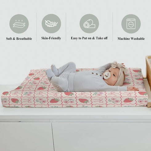 Summer 32''16'' Boho Strawberry Flowers Baby Changing Pad Covers for Boys Girls Strawberries Pink Bows Checkerboard