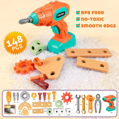 Set 148 Set 3 4 5 6 7 8 VEAIS Kids Tool with Drill, PCS STEM Building Tools with Storage Box Plastic Todder Tool