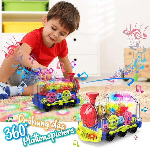 Kizeefun Light Up Train Toy for Toddlers: Educational Crawling Transparent Gear Car Toy with Cool Light and Music