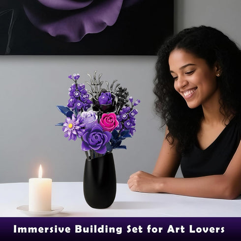 822 Set Gothic Black Purple Roses Bouquet - Pcs Building Blocks for Adults, Lego Compatible Flowers for Home Decor