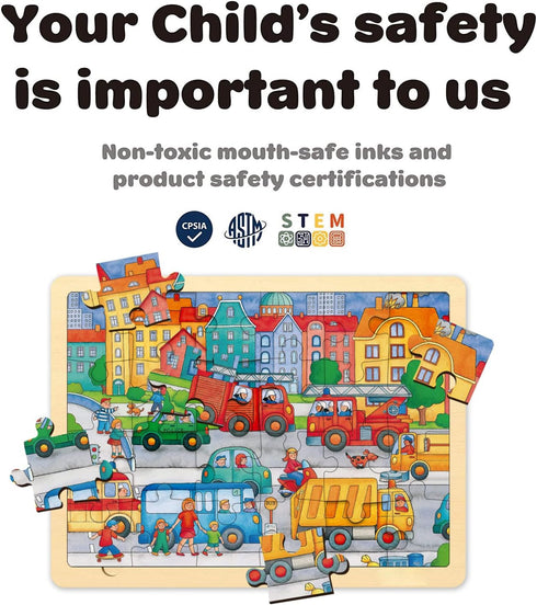 Wooden Puzzle for 3 Year Old, 24 Piece Traffic Theme Puzzles for Kids Ages 3-5, Unique Shape Jigsaw