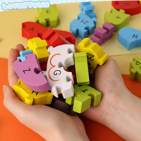 LovesTown Lion Wooden Puzzle, 26PCS Jigsaw Puzzle with Alphabet and Number Blocks for Preschool Education