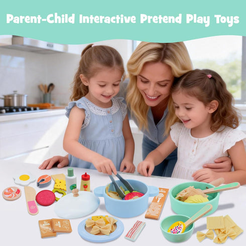 63PCS Set, Set, Sets SIMPLIPLAY Wooden Play Cooking Play Kitchen Accessories, Montessori Kitchen Play Food for Kids