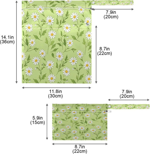 Burbuja 2 Pack, 2 Daisies in Green Wet Dry Bags for Baby Cloth Diaper Waterproof Reusable Wet Bag with Zippered Pockets