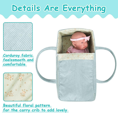 Set 7 Set, 16-18 Inch Rakki Dolli Doll Carrier Doll Carry Cot Carry Crib with Feeding Utensils Feeding & Changing