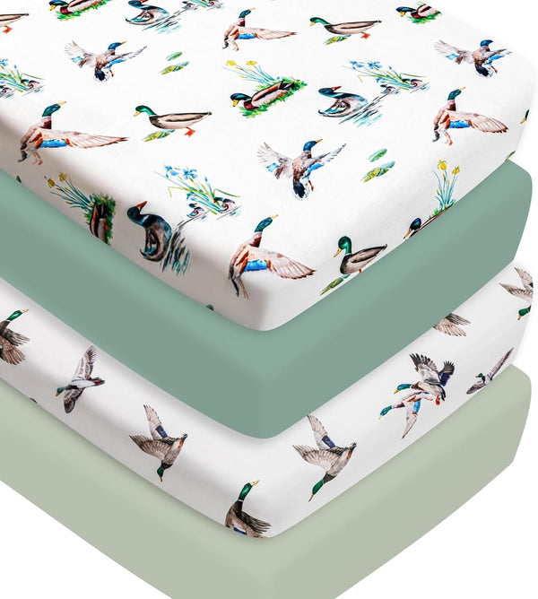 FIGEPO 4 Pack Mallard Duck Baby Crib Sheets Neutral Unisex Breathable Fitted Nursery