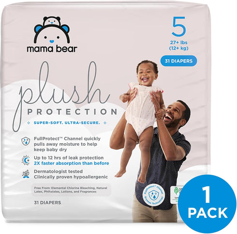 5, 31 Count Amazon Brand - Mama Bear Plush Protection Diapers, Hypoallergenic Premium Disposable Baby Diapers, Gentle