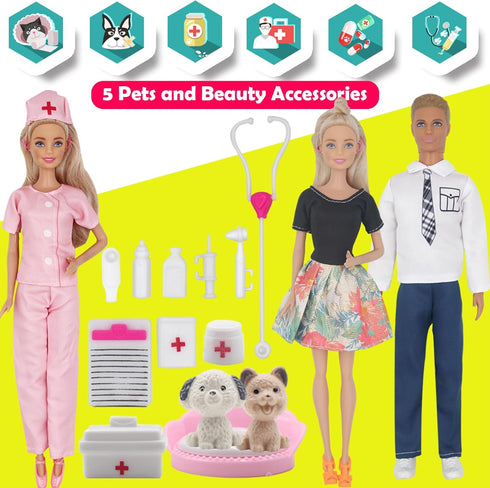71Pcs Doll Clothes and Accessories for 12 Inch Boy and Girl Dolls, Pet Care Set with 25 Wear Clothes