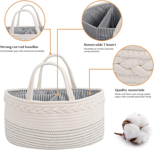 Luxury Little White Diaper Caddy Organizer, Large Cotton Rope Nursery Basket, Portable Car Organizer with Divider