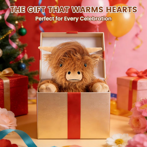 SuzziPals Heatable Coolable Weighted Highland Cow Stuffed Animals Plushie, Microwavable Heating Pad for Period Cramps
