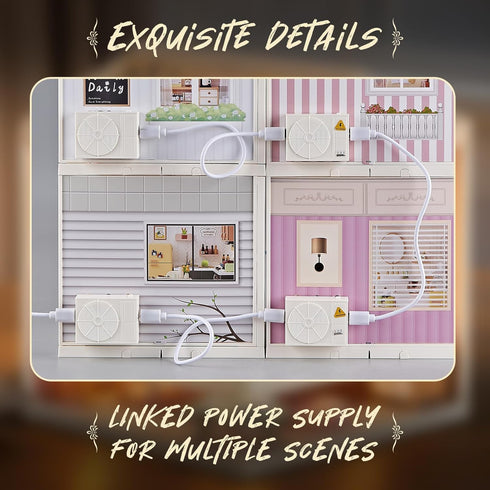 92Pcs 1:24 8+ Miniature Living Room DIY Kit Scale Dollhouse Furniture with LED Light, Modular Scene Connector
