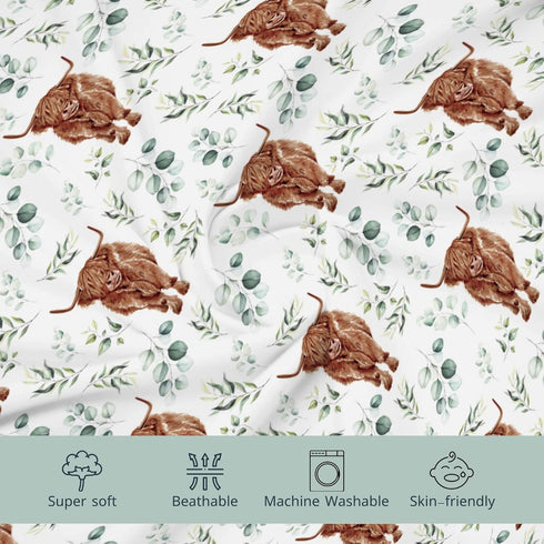 Changing Pad Cover for Baby Girl Boy, Highland Cow Eucalyptus Leaf, Soft Stretchy Safe Snug Fitted Diaper Change Table