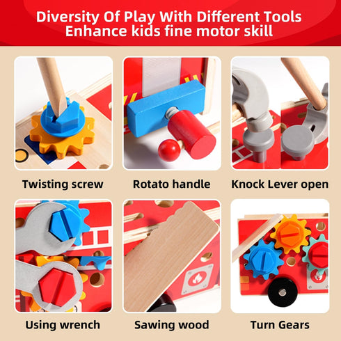 Set 33 3 Set Toddler Tool - PCS Wooden Kids Tools with Firetruck-Shaped Box / Bench, Montessori Educational Pretend