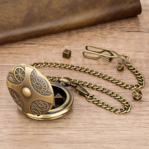 Mini DND Dice Set: 7pcs Polyhedral Metal Dice with Bronze Steampunk Gear Pocket Watch Case