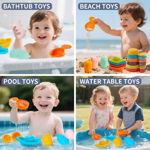 15 Baby Bath Toys for Toddlers, PCS Mold Free Bathtub Water Play Toys with Rainbow Color Floating Boats Spoons