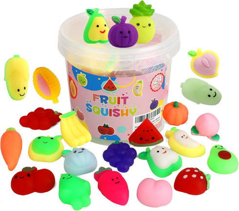 Mochi Squishy Toys, 24 Pcs Fruit Squishy Party Favors for Kids, Stress Relief Squishies Bulk Gift for Goodie Bags
