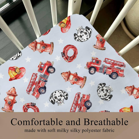 Wicbfdfv 28x52 Inch Cute Firetruck Dog Fireman Hat Baby Crib Sheets for Boy Girl Trucks Rescue Car Puppy Dogs Stars