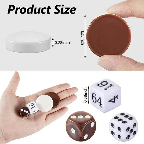 30 Pieces Backgammon Pieces Checkers 1.25 Inch Replacement Checkers Board Game Pieces Playing Game Chips with 5 Dice and Drawstring Storage Pouch for Checkers Game Supplies, Brown and White