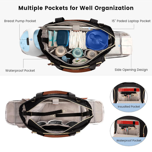 3Pc Set LOVEVOOK Breast Pump Bag & Diaper Tote - for Breastfeeding Moms - Laptop Pocket, Cooler & Changing Pad - Fits