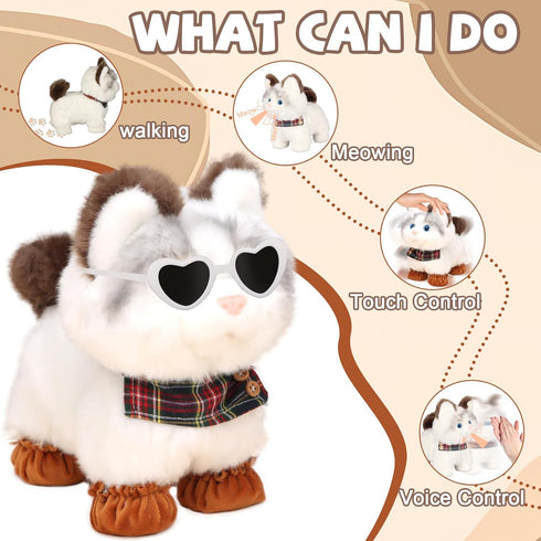 Jimate Interactive Walking Cat Plush Toy with Leash Electronic Kitty Pet That Meows and Wags Tail, Soft Stuffed Animal