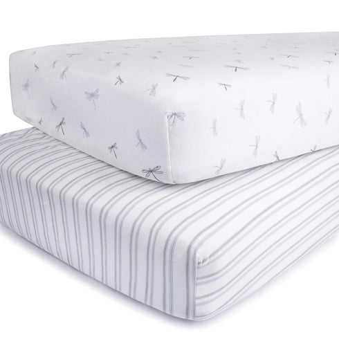 Set Changing Pad Cover and Crib Sheet Bundle (Blue Dragonflies + Stripes Print)