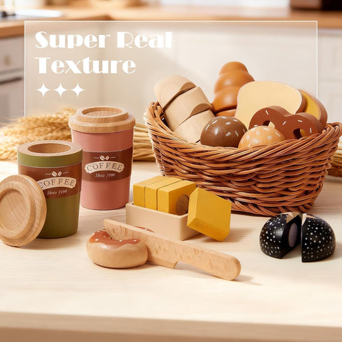 Sets 3-5 3 4 5 6 Toyssa Wooden Play Food for Kids Kitchen, Bakery Pretend Play Toy Food for Toddlers with Cutting Bread