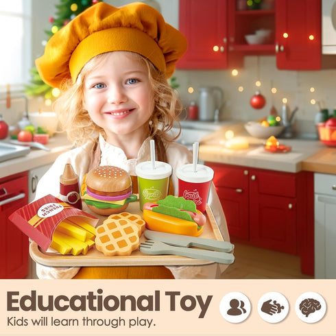 Sets Set, 3 4 5 BUYGER Play Food for Kids Kitchen, Wooden Fast Food Hamburger Play Pretend Play Kitchen Accessories Toy