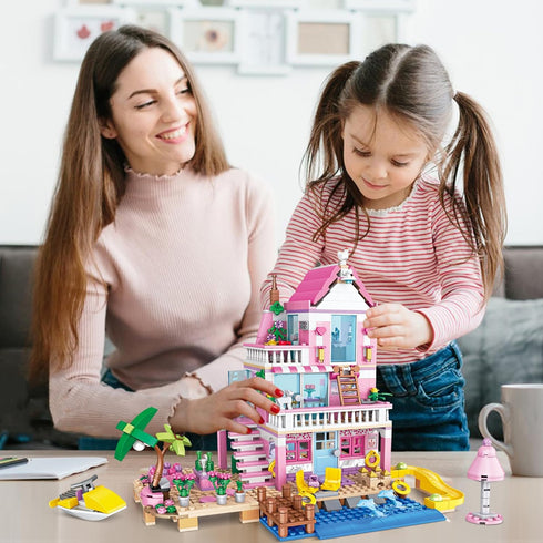 Pink Girls Seaside Beach Villa Friends Building Set, Compatible with Lego Friends Educational Toy for Kids Age 6-12