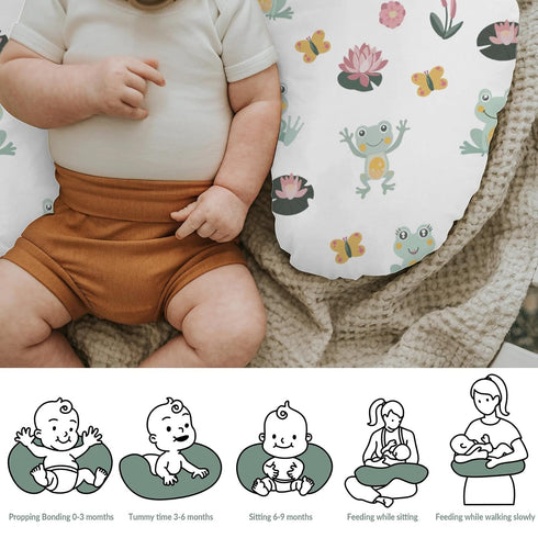 Cute Frogs Family Baby Nursing Pillow Covers for Boy Girl Green Frogs Butterflies Lilies Pond Nursery Pillow Slipcover