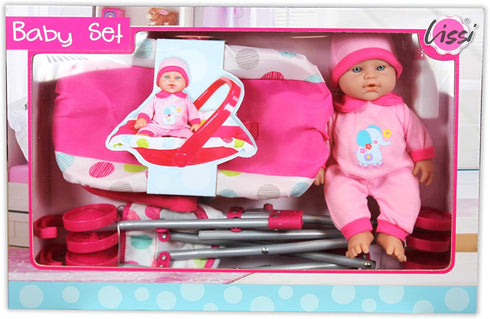 Lissi 12" Set 3+ : Baby Doll & Push-Carry Travel - Pink Elephant Onesie, Car Seat, Folding Umbrella Stroller, Feeding