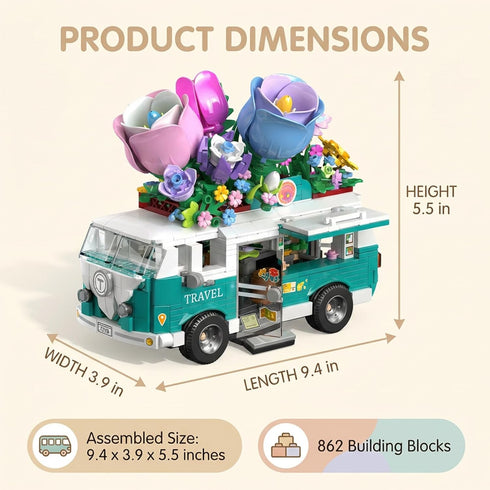 HJPLPXH Set 862 Flower rv Camper Van Building Piece Botanical Travel Bus with Opening Side Cabin Outdoor Table Chairs