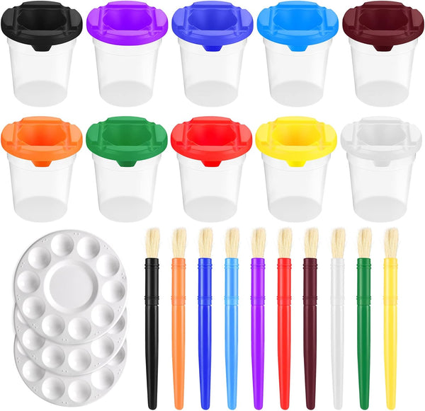 Paint Cups with Lids for Kids, No Spill Paint Containers with Toddler Brushes & Palette Tray (Pack of 23)