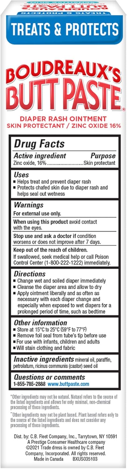 4 Oz Boudreauxs Butt Paste Zinc Oxide Diaper Rash Cream, Hypoallergenic for Sensitive Skin, Tube