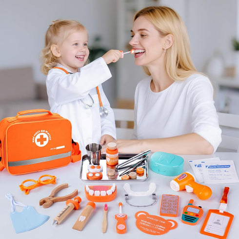 Set, 3-5 Playset 3 4 Kids Dentist Play Wooden Doctor Kit for Toddlers with Real Stethoscope, Removable Teeth, Braces