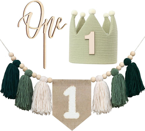 1st Green High chair Banner Wood Bead Tassel Garland Crown Hat Wooden
