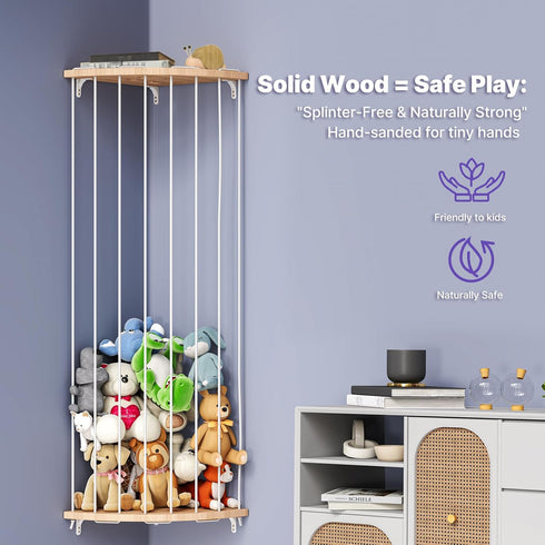 Corner Stuffed Animal Storage Zoo Adjustable Natural Solid Wood Toy Organizer & Teddy Bear Holder Large Wall Plushie