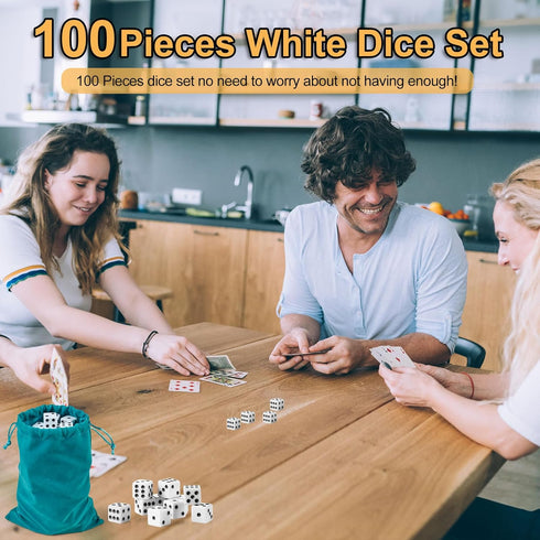 SLSESIN 100 Set, 16MM Pieces Dice Standard Game White Dices, Opaque Six Sided Dice with Pouch, Black Dot Bulk White