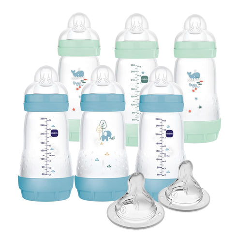 MAM 9 oz. 6 Pack 4 Pack Easy Start Matte Deco Bottle with Slow Flow Nipple Bundle for Newborn and Older Babies