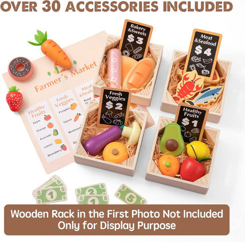 Tiny Land Wooden Play Food Sets for Kids Kitchen - 43 Pieces 100% Wood Pretend Food Play Accessories for Toddlers 3+