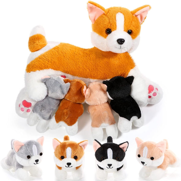 Honoson Nurturing Dog Stuffed Animal with Puppies Set, Nursing Mommy Dog Plush with 4 Baby Puppies