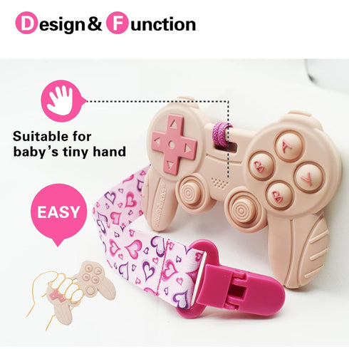 Cool Game Control Remote Teething Toy for Babies 0-6 6-12 Months, Silicone Chew Toy for Gamer Parents (Pink)