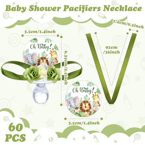Quelay 60 Pcs Baby Shower Pacifier Necklace, Cute Jungle Animal Acrylic Pacifiers for Decoration Party Favors